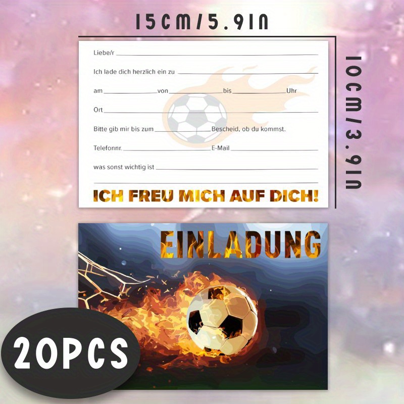 Image of 20pcs Soccer-themed Birthday Invitations - "ich Freue Mich Auf Dich!" Design With Soccer Ball & Fire Graphic, German Text, 15cm X 10cm, Party Invitation | Soccer Theme | Cartoon Style