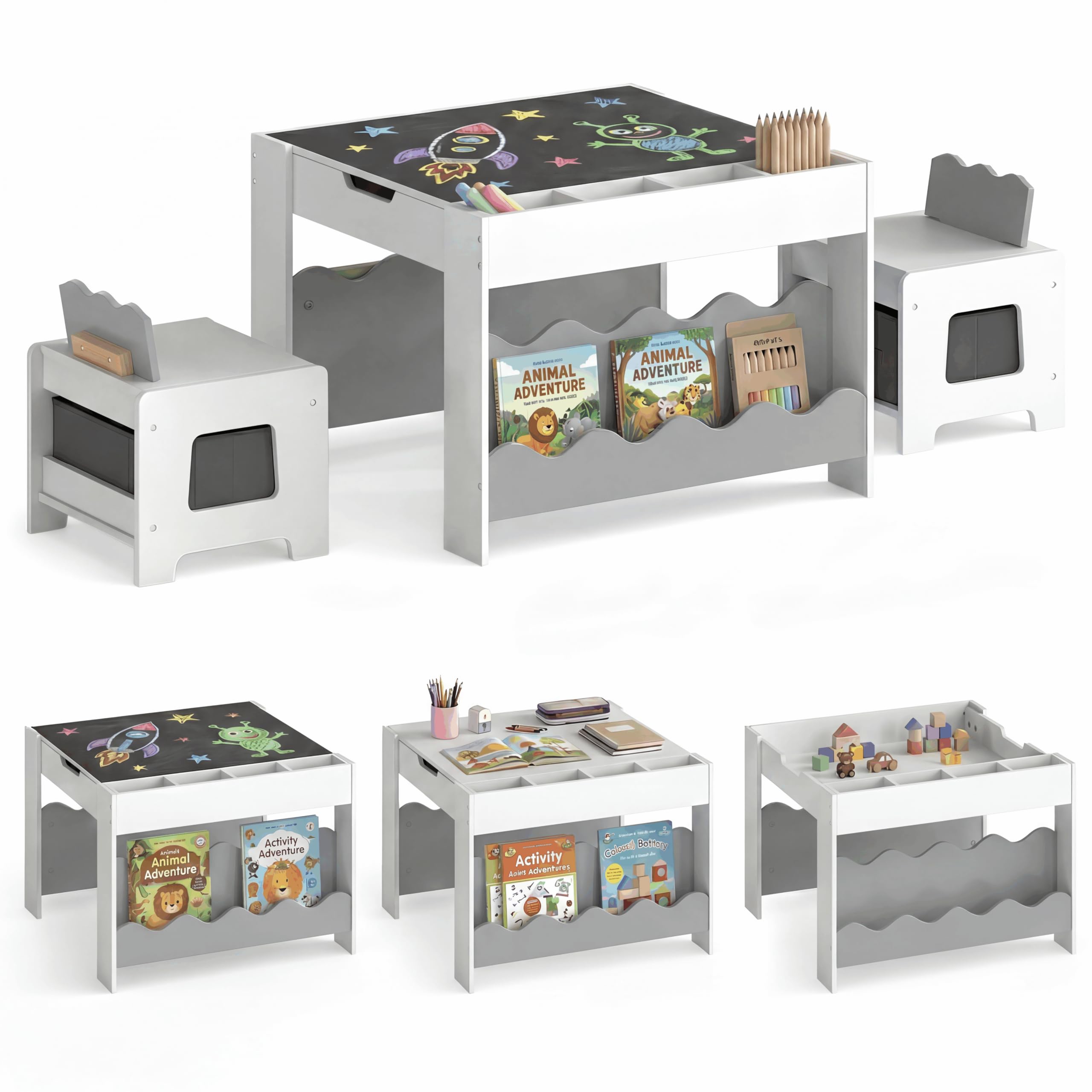 Image of Wooden Kids Table And Chairs Set, Activity Table Set W/ Double-sided Tabletop, Chalkboard, Bookshelves & Small Compartments, Fabric Drawers, Children Furniture Set For Art & Crafts, White + Gray