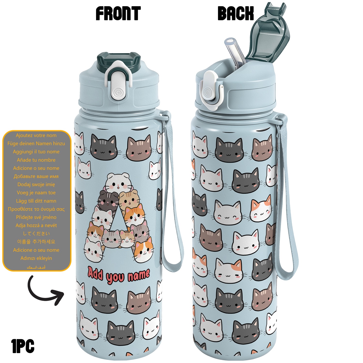 TEMU 1pc, Personalized 740ml Water Bottle With Time Marker Cute Kawaii Cat , 25oz Leak_proof Motivational Gift _ Custom Name , Ideal For Gym, Hiking,