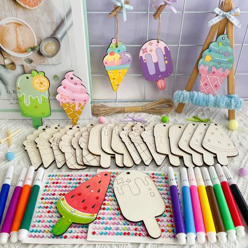 24pcs diy craft marker with 24pcs suitable for wood ornaments 12 markers 2 gem stickers string creative painting for birthday party favors school sleepover art supplies unfinished wood