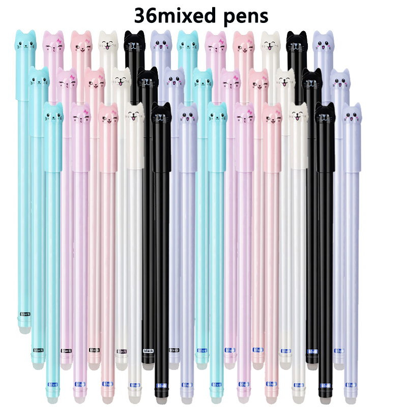 TEMU Ensemble de 36 stylos gel effaçables sur le thème des chats innovants, dotés d'une pointe de 0,5 mm et d'une poignée lavable, avec recharges de