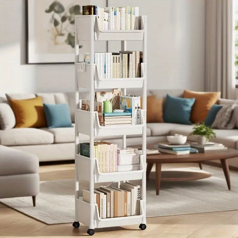 five layer bookshelf rack 12 month use movable table trolley floor standing desk organizer for books supplies storage with pen holder and file shelf Product details 3