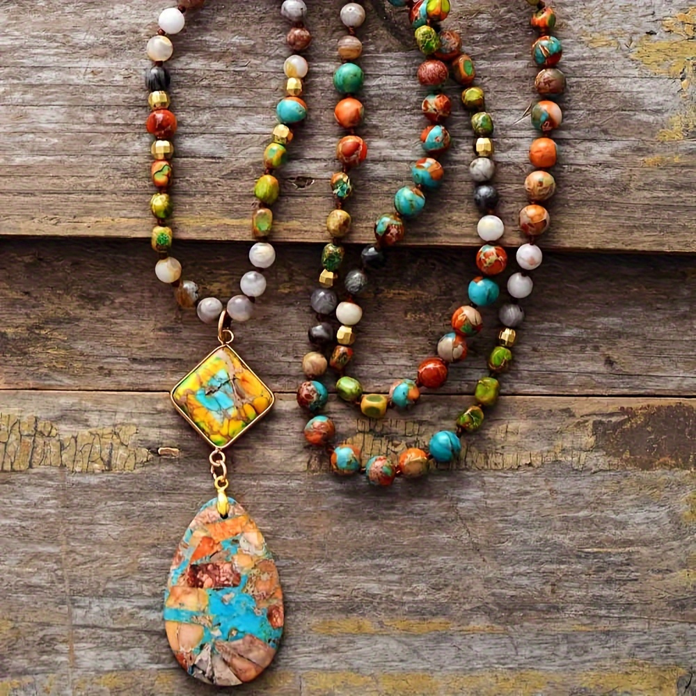 TEMU A Vibrant And Artistic Bohemian-inspired Necklace Featuring A Textured Stone Bead Chain And An Oval Pendant, Ideal For Casual And Festive Occasions, Making It A Wonderful Gift
