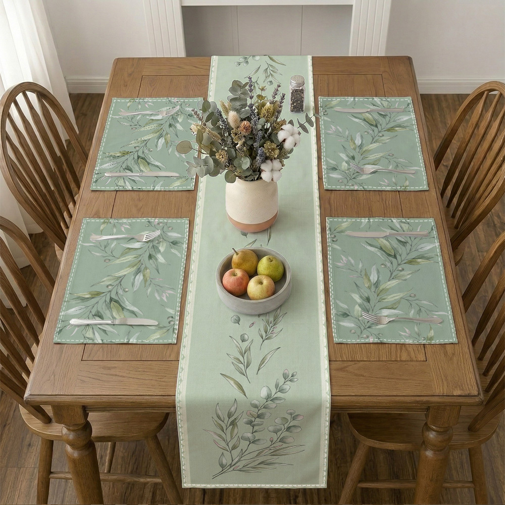 TEMU 1pc Minimalist Botanical 5/7pcs Placemats And Table Runner Set Sage Branch Table Runner For Dining Table Table Runner For Rectangle Tables