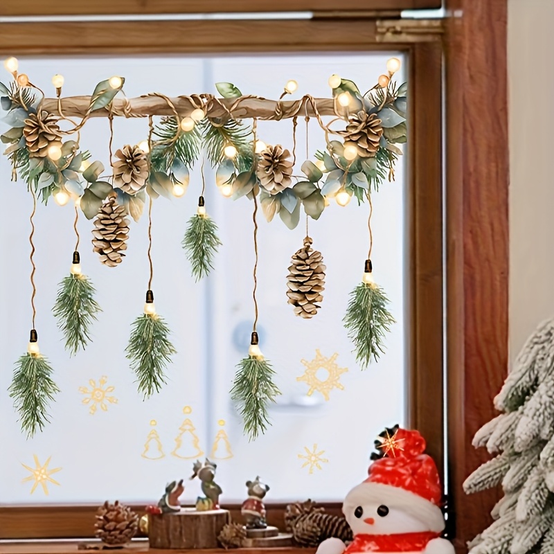 TEMU 2d Flat - Festive Window Cling - 2d Pine Cone Pattern, Includes Snowflakes, Vibrant Lights, And Holly Leaves, Pet Static Cling Glass Film No