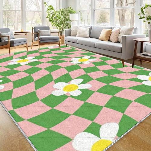 item picture 1pc floral checkered area mat lightweight machine washable polyester floor mat with daisy design pink and white living room bedroom balcony hallway kitchen indoor use rugs for living room