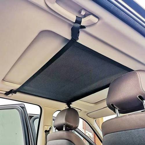 item picture 3pcs set adjustable multi layer car ceiling cargo mesh bag and 2 car storage hooks suitable for suvs and long distance travel storage bags