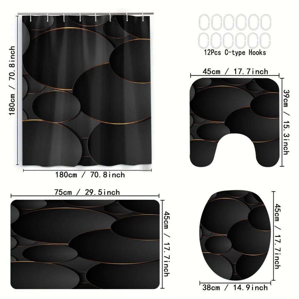 TEMU 4pcs Of Black And Golden Circular Patterned Bathroom, Shower Curtains With Digital Printing, Polyester Shower Curtains, Bathroom That Do Not