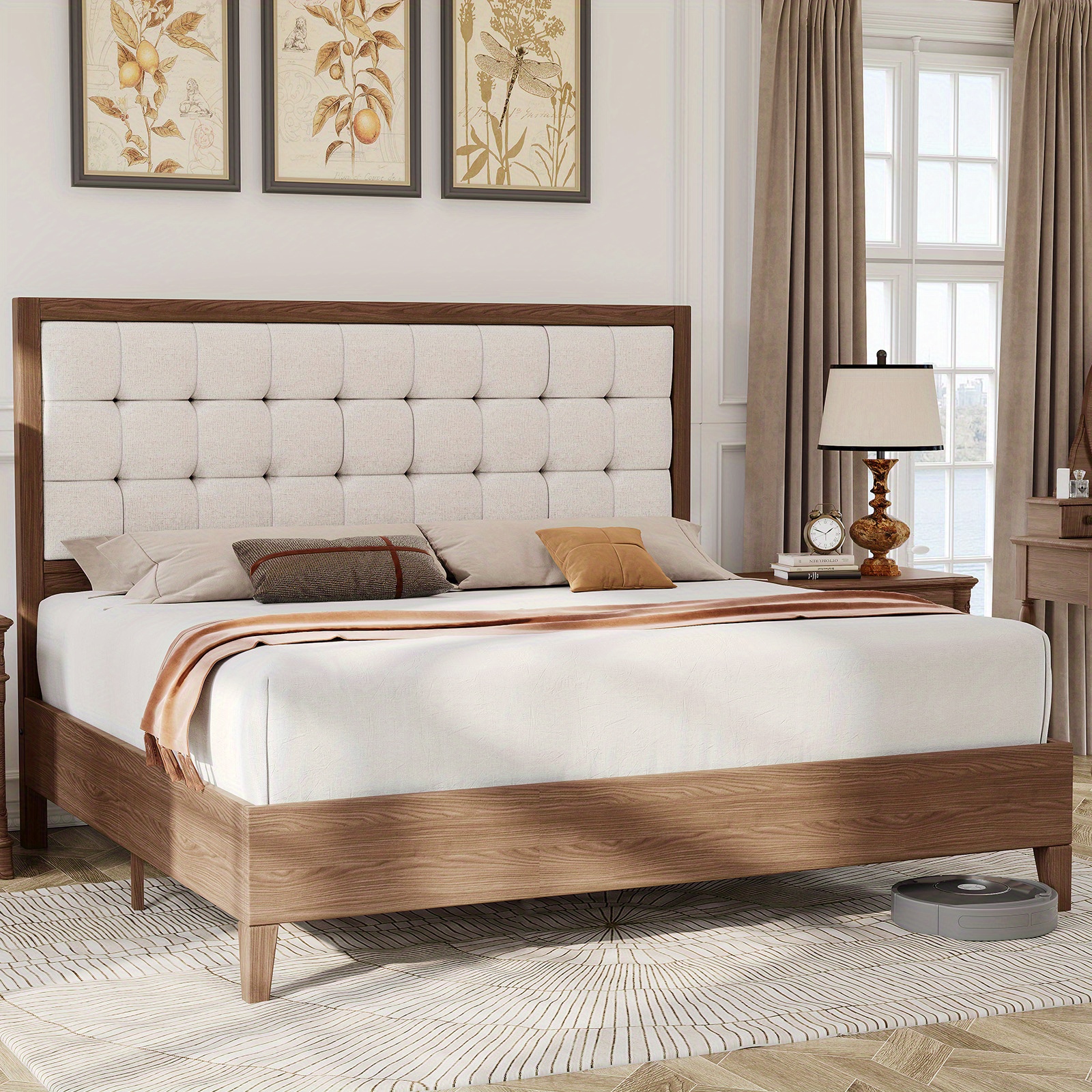 Image of Luxoak Solid Wood Bed With Padded Headboard，100% Solid Oak，stable & ，easy Assembly，mid-century Modern Bedroom Furniture – & Durable