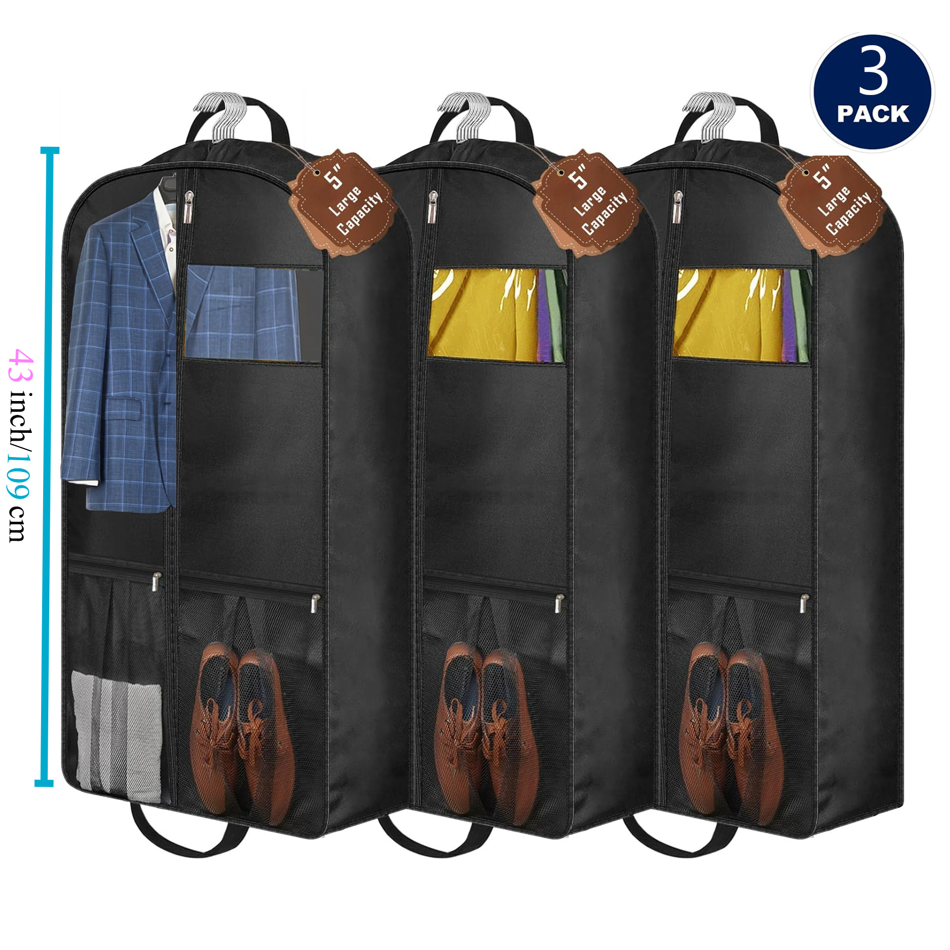 

3pcs Heavy Duty Garment Bags, 5" Gusseted Protectors With Pockets, Non-woven Fabric Hanging Storage For Shirts, Coats, Dresses - 43"/54" Length Options, Clothes Storage