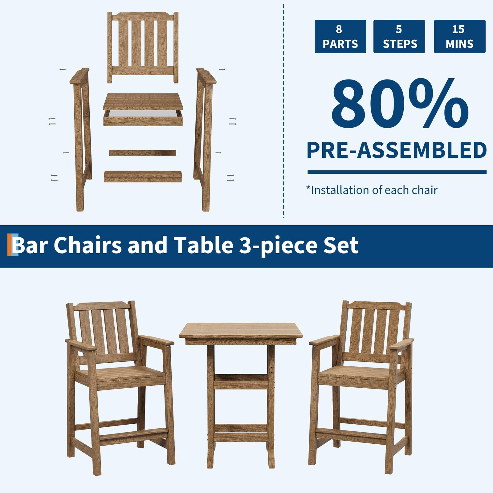 2026 New Courtyard Dining Tables And Chairs, All-Weather HDPE Patio Bar Stools Set of 2 - Tall Chairs with Armrests, Ergonomic Wide Back And Seat, Outdoor Bar Furniture for Balcony, Garden, Poolside - Black (2 Sheets/Box)