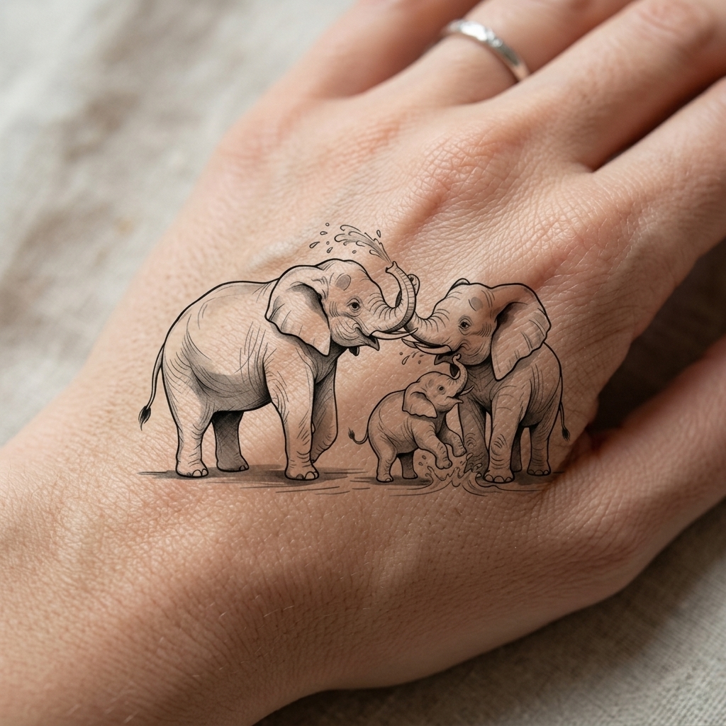 TEMU Tatouage Temporaire Famille d'Éléphants, Tatouage Animal Noir Ligne Fine, Symbole de Familiaux Significatifs, Autocollant de Transfert de