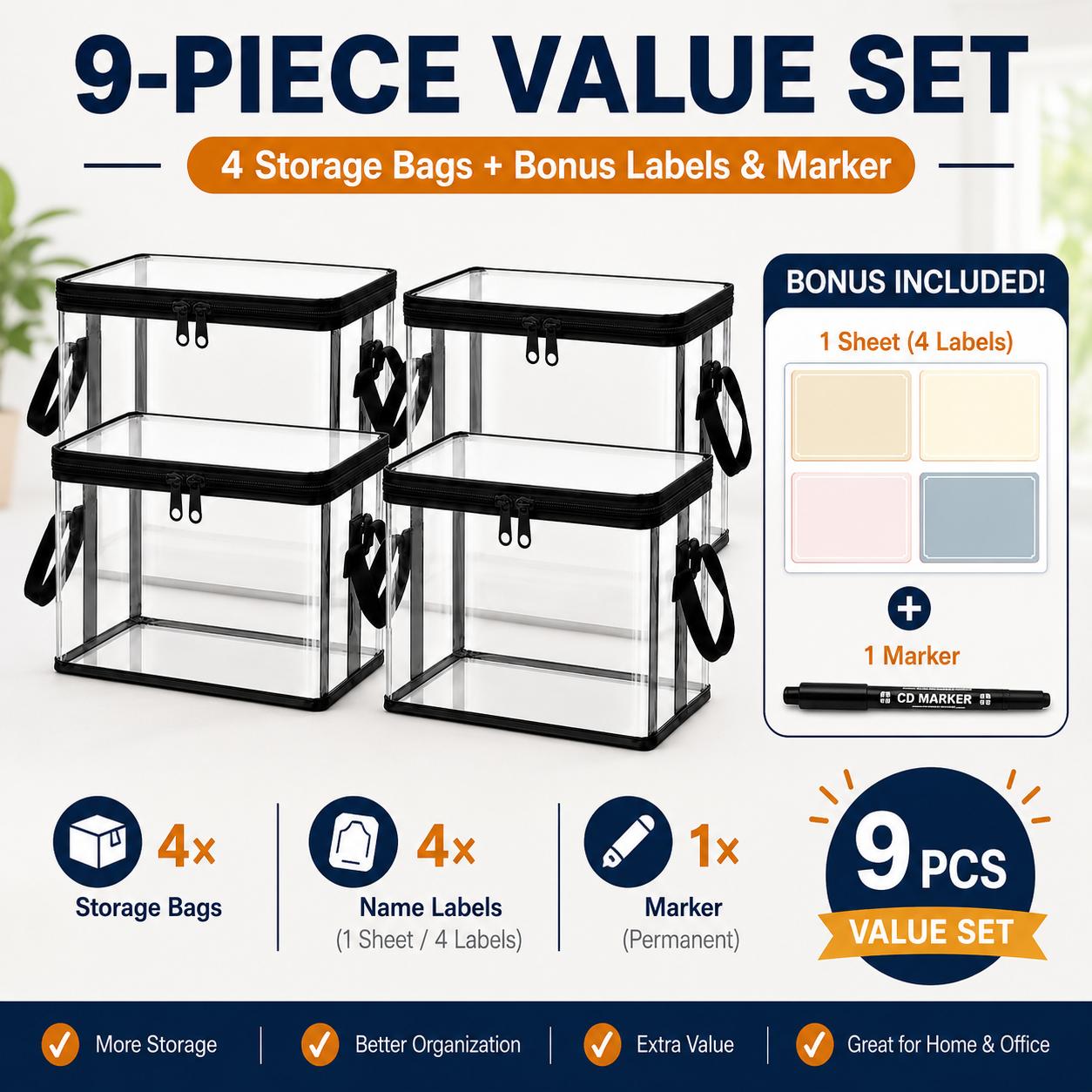 9pcs Clear Book Storage Bags Set With Bonus Labels And Marker, 4 Large Transparent Storage Bags With Handles And Zipper, Dustproof Organizer Bins For Books,, Clothes, Blankets And Home Storage