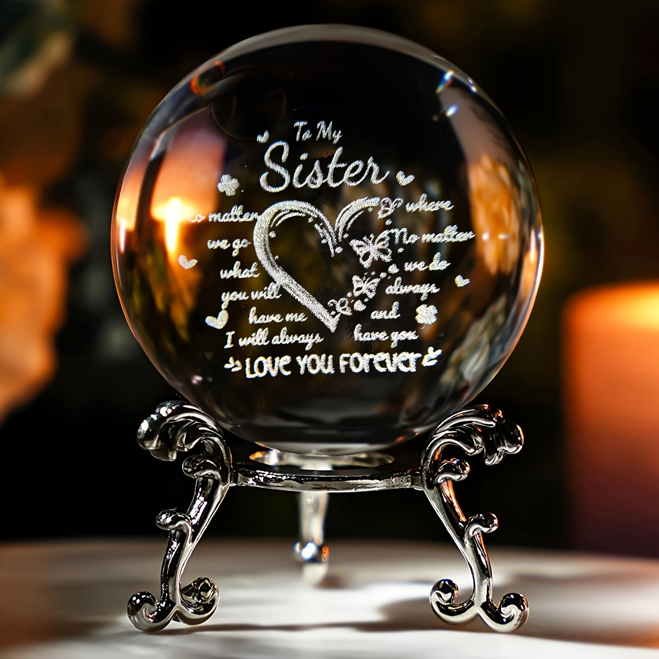 TEMU To My Sister Engraved Crystal Ball With Metal Stand, Clear Glass Ball , Gift For Sister Birthday, Graduation