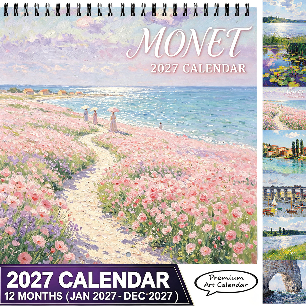 TEMU Calendrier mural 2027 style peinture à l'huile 8,3*8,3 pouces, calendrier mural décoratif sur le thème d'un de fleurs côtier, calendrier mural à