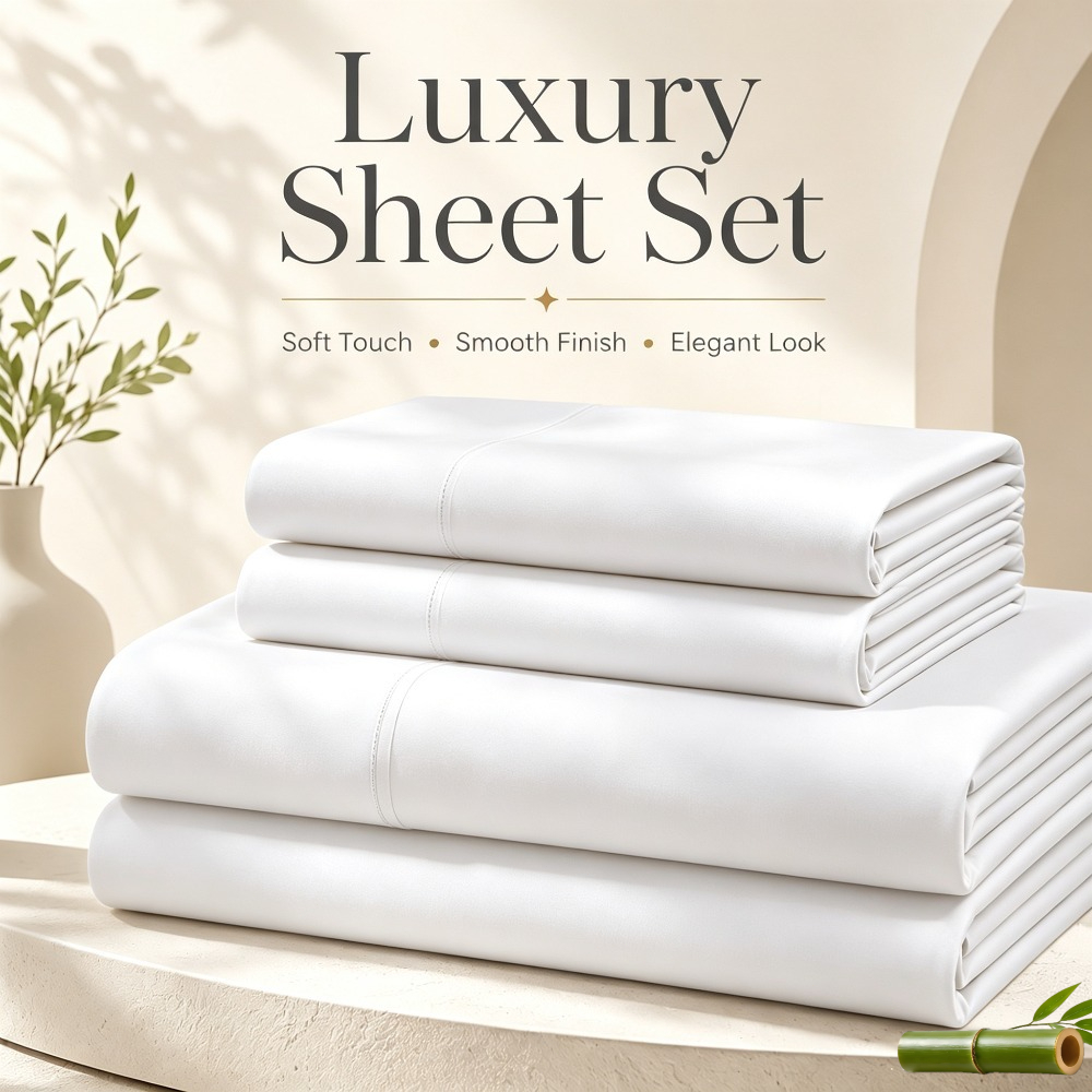 TEMU Luxury Cooling 3/4pcs Bamboo Bed Sheet Set, Ultra Soft Breathable All Season Bedding With 15 Inch Deep Pocket Fitted Sheet, Flat Sheet And