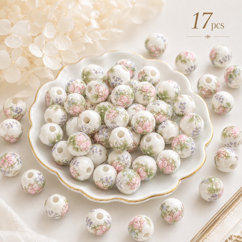 TEMU Juego de 17 piezas, cuentas decorativas coloridas, cuentas de cerámica florales, cuentas de cerámica estampadas para manualidades, materiales