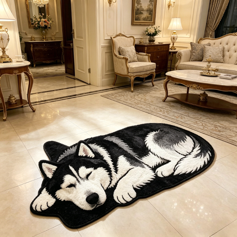 TEMU Imitation Cashmere   900g   9mm, Ins-style Cute And Soothing Black Husky -up , Bedroom Bedside Decorative Rug, Animal Theme Yellow Golden