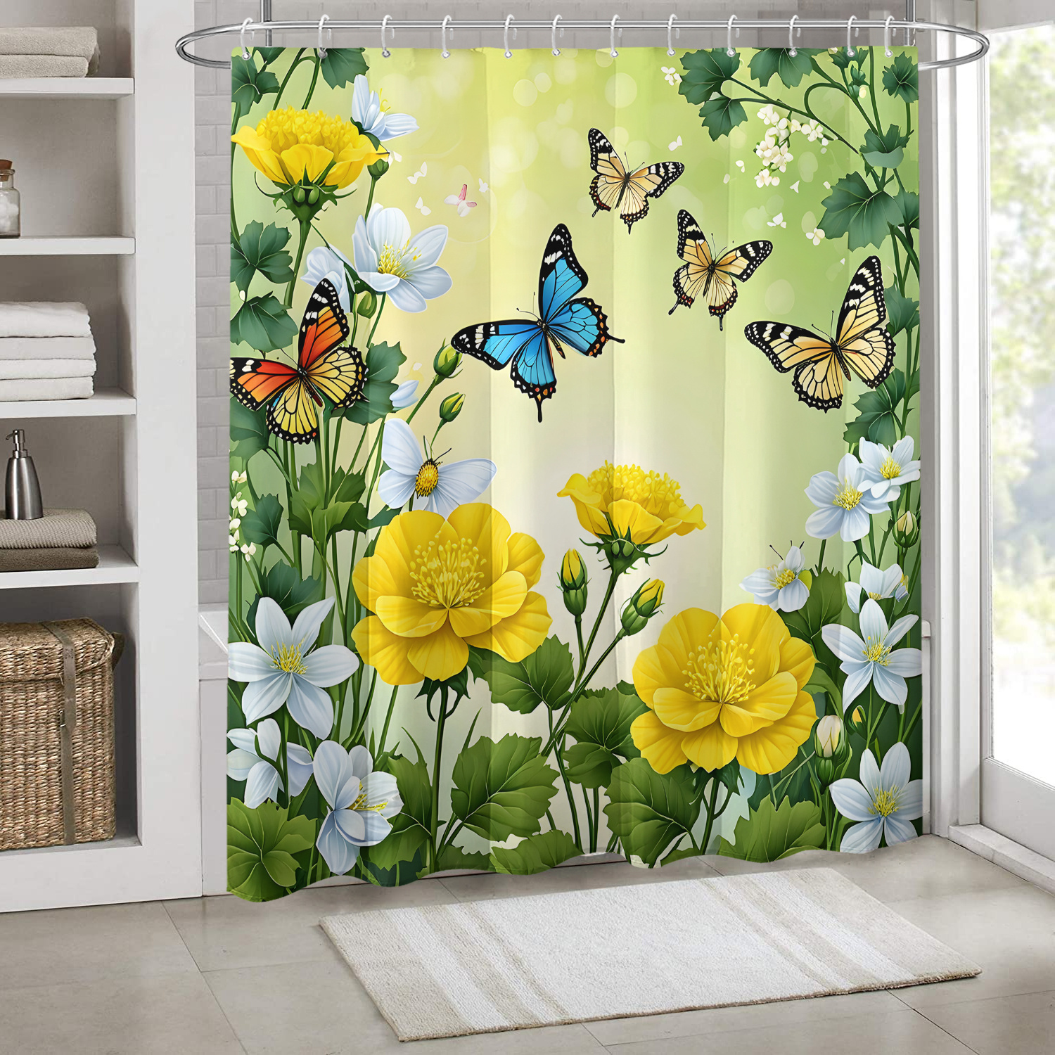 1 pieza de cortina de ducha con estampado de mariposas coloridas y flores  amarillas y blancas, con ganchos, tela de poliéster, estilo * de * para  ventanas y paredes, decoración * para bañeras y baños, ..., image size:1500x1500