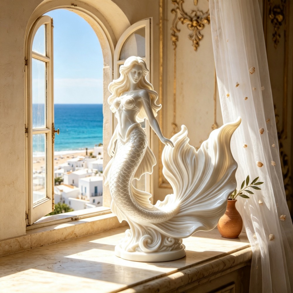 TEMU Retro Mermaid Statue, 3d Printed Sculpture, Detailed Fish Tail And Wave Base, Simple Luxury Desktop Decoration, White And Theme Decoration,
