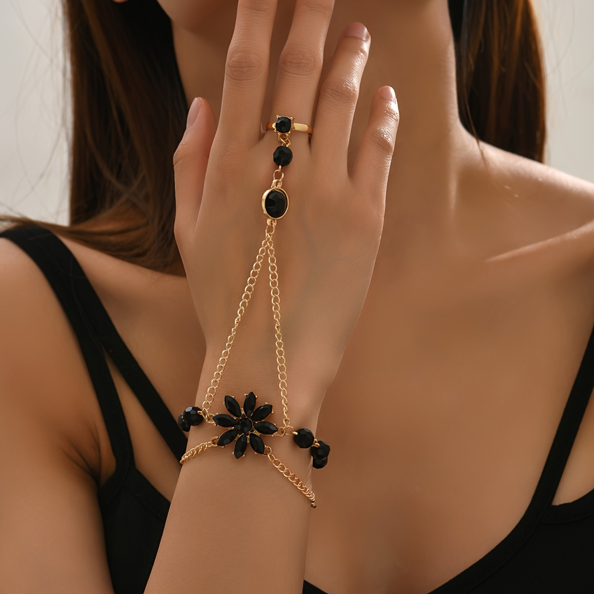 Pulseira Anel de Dedo de Flor Ajustável Joias de Mão  2
