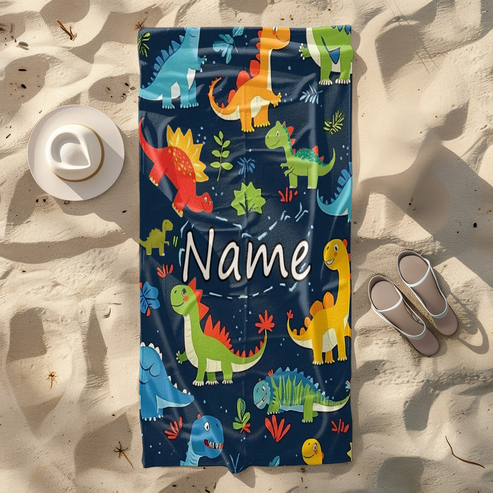 TEMU Personalized Adorable Dinosaur Design Beach Towel - Soft, Highly Absorbent Microfiber, Lightweight, Ideal For Beach , Gatherings, Travel, And