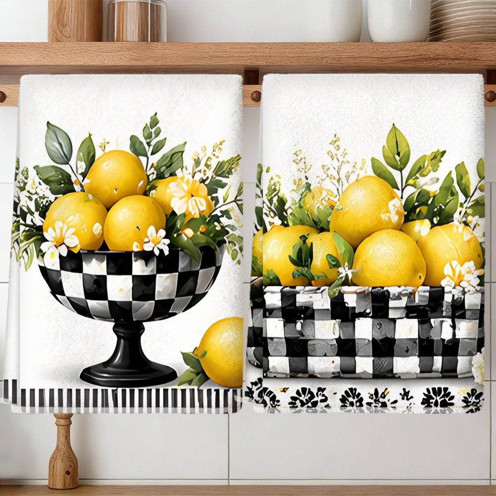 TEMU 2pcs Lemon Plaid Kitchen Towels Suitable For Housewarming Gifts, Soft Absorbent Microfiber Tea Towels With Lemon Plaid, Hand Washable Modern