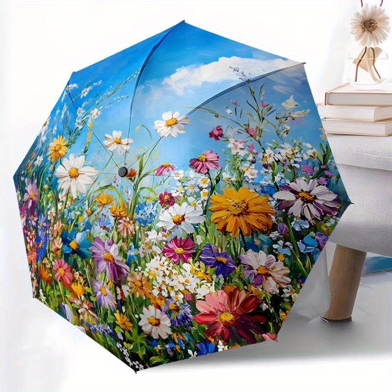 Image of Artistic On An Umbrella That And Closes Automatically. This Portable, Foldable Umbrella Is Suitable For , Perfect For Travel And Everyday Use, And Serves As A Stylish Accessory