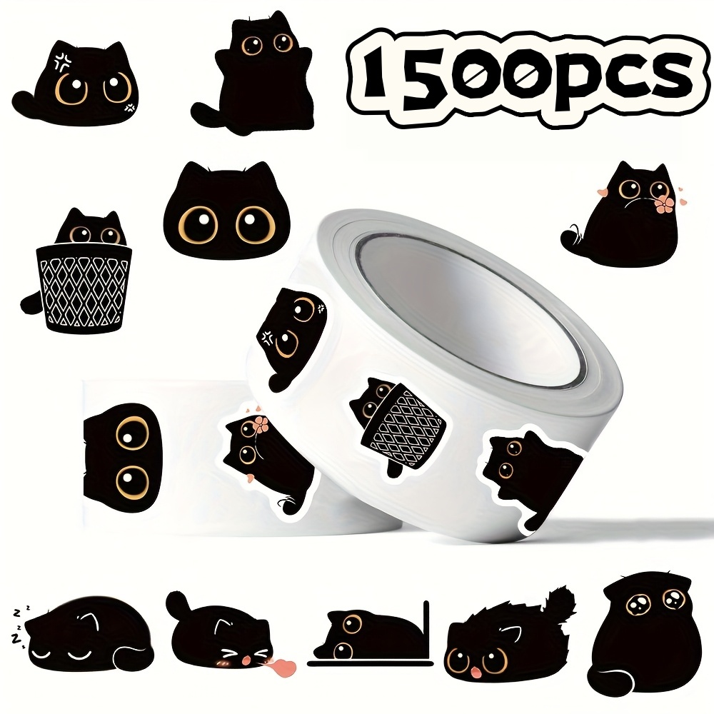 TEMU 1500pcs Black Cat Cute Theme Round Wavy Stickers, Featuring Poses Of Black Cats, Adorable And Humorous, Predominantly Black, Suitable For