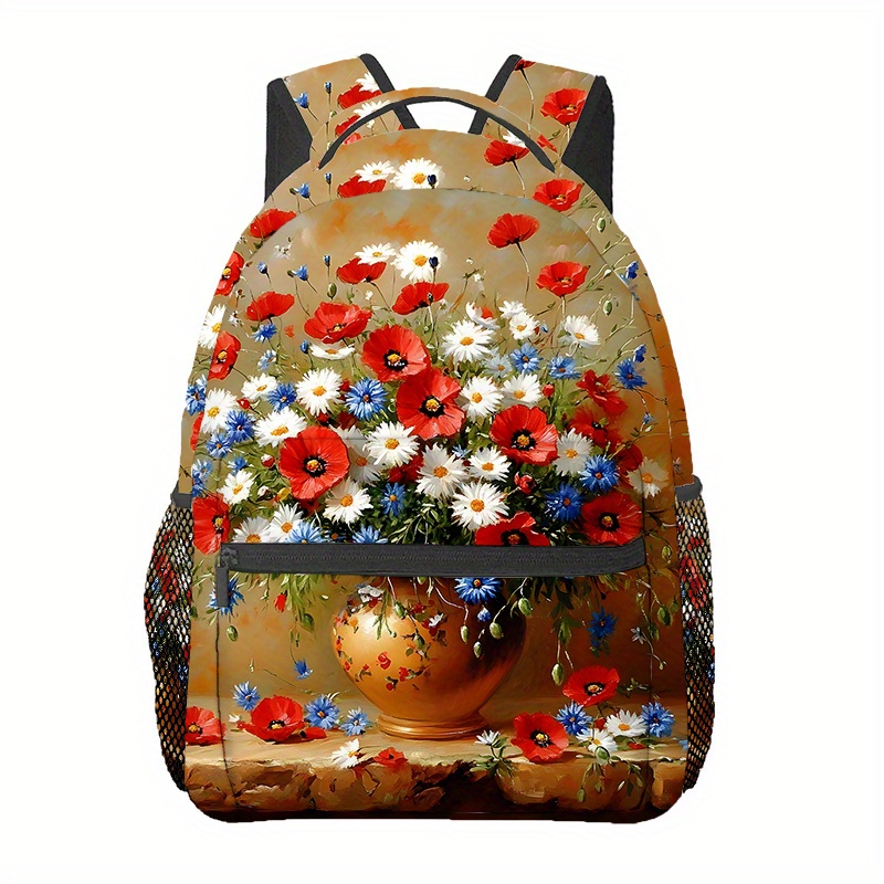 TEMU Red Poppies And Daisies (5) Backpacks, Travel Hiking Backpacks, Computer Backpacks, Comfortable And Lightweight, Suitable For Travel