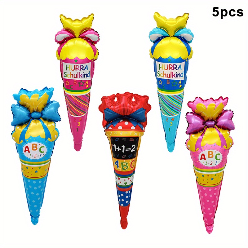 Image of 5pcs Of Back-to-school Themed Ice Cream Balloons Shaped Like The German Letters For 'schulkind', Perfect For Classroom Decoration, Background Walls, Event Party Atmosphere, And Photo Props