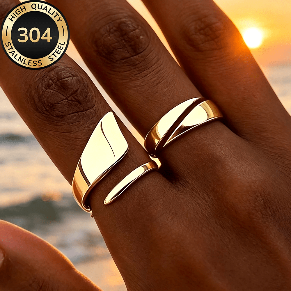 2pcs Golden Stackable Open Rings Set, Hypoallergenic Stainless Steel