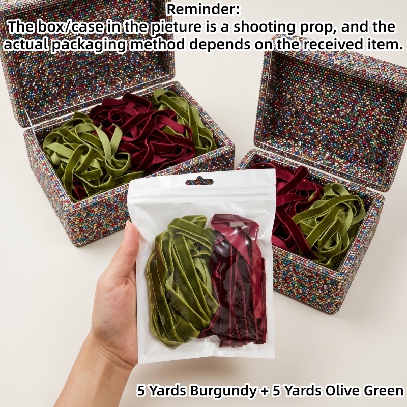 TEMU Vintage-style Olive Green And Wine Red Velvet Ribbon - 10mm Wide, Hand-sewn With Military Green Vintage Premium Texture, Soft And Luxurious To