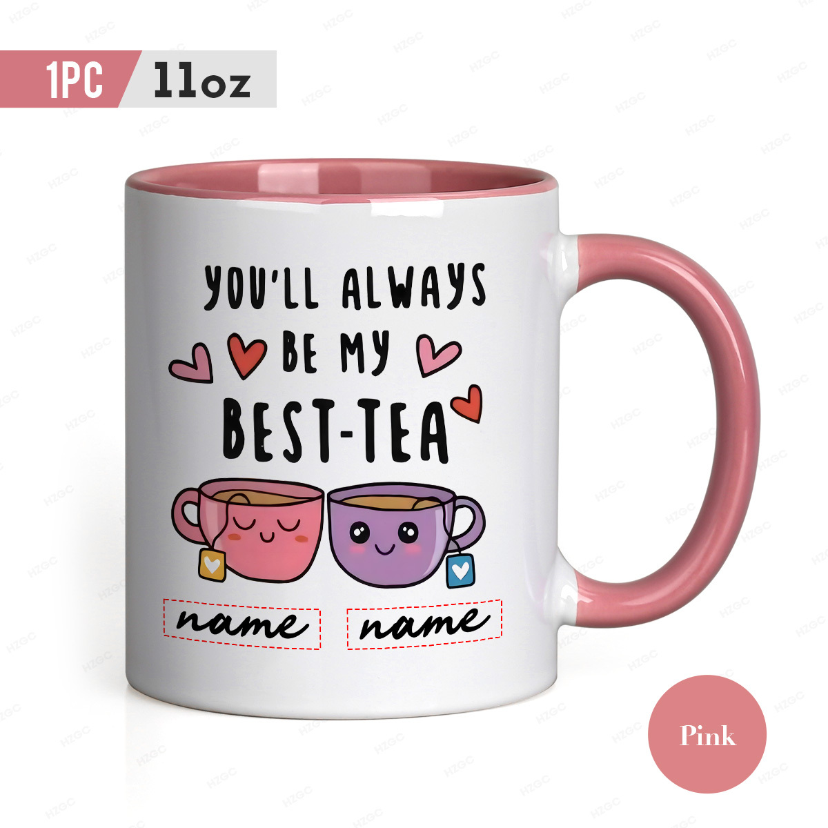 1pc, 11oz Custom Name Ceramic Tea Mug, Personalized " - Tea" With Cute Tea Cups & Printed Text, Dishwasher Safe, Unique Gift For /family, Ideal For