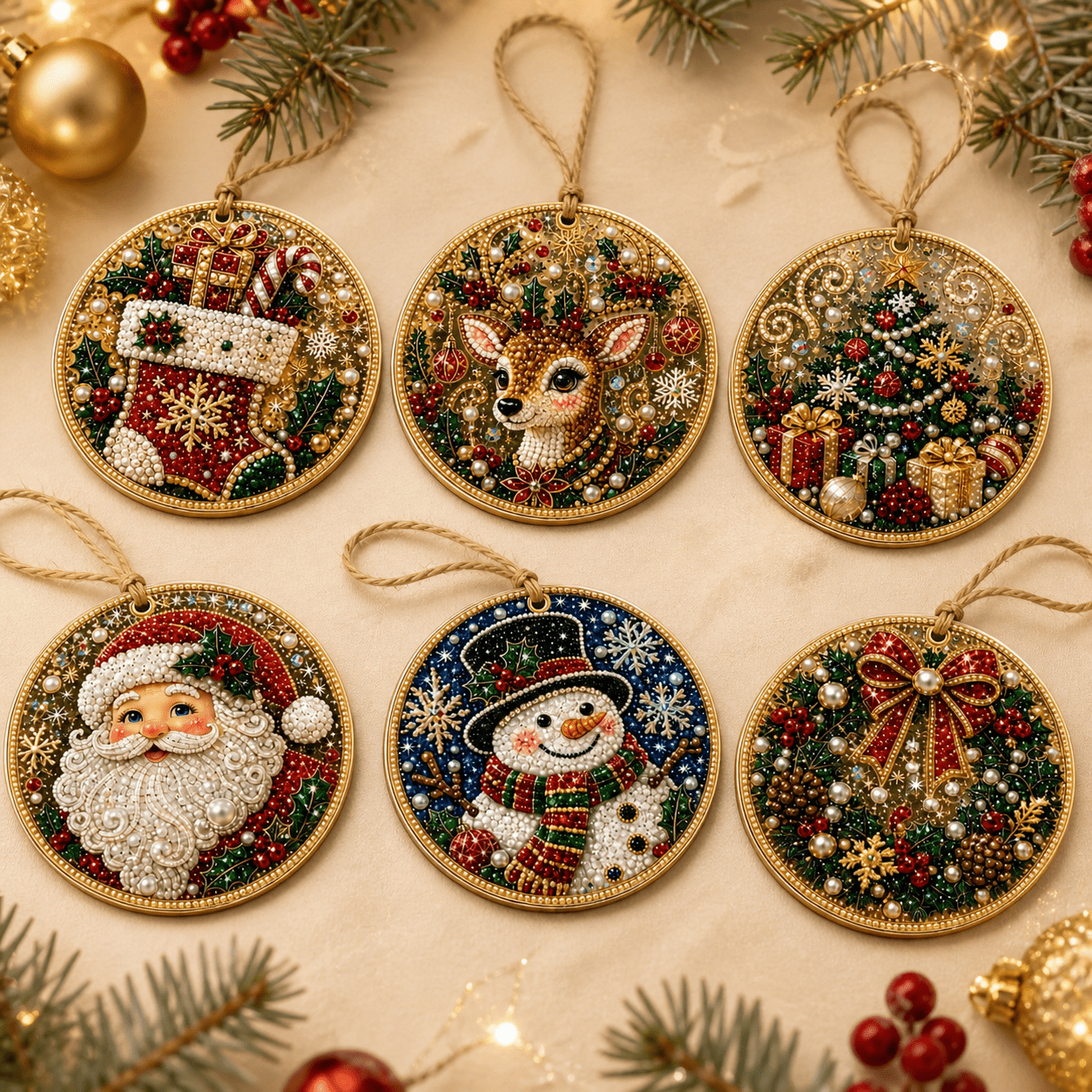 TEMU 6pcs Diy Christmas Pearl Art Hanging Ornaments - Featuring Santa Claus, Snowman, Reindeer, Christmas Tree, Wreath, And Stocking Designs, &