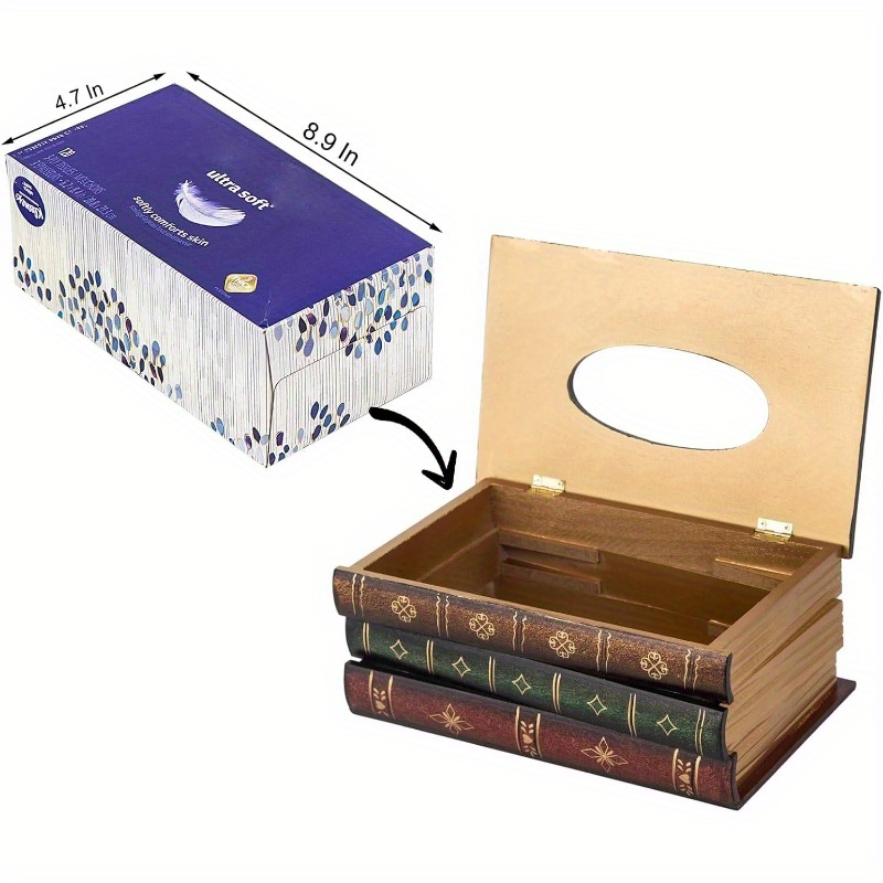   tissue box cover - antique rectangular tissue dispenser with golden-filled spine & ornate label design, durable decorative holder for bathroom, living room, office, kitchen - elegant   decor in brown/black/green/red/beige - compatible with standard tissues,   from durable material with golden-  spine & decorative endpapers, functional & stylish napkin holder for   settings Product details 1