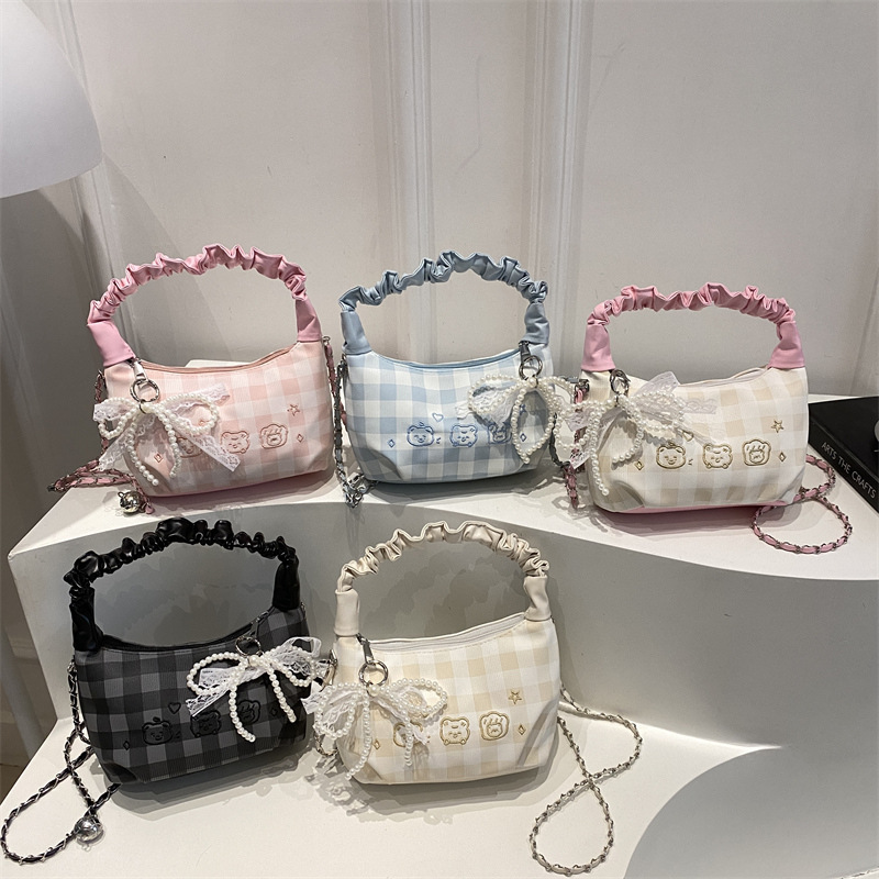 Plaid Ruched‑Handle Hobo Bag Women Pearl Bow Chain Crossbody Shoulder Purse_voghion.com
