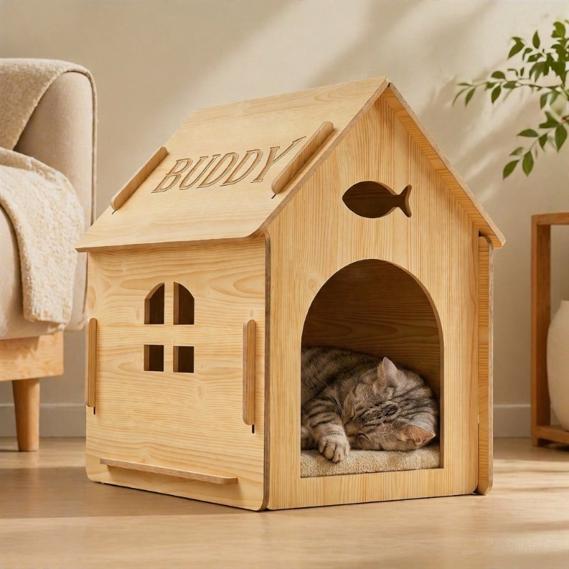 Custom Engraved Pet Name Modular Assembled Wooden Indoor Cat House, Personalized Fish Cutout & Window Cozy Shelter, Rustic, Spacious Private Nest for Furry Friends, Unique Gift to Build Warm Exclusive Space for Beloved Cats