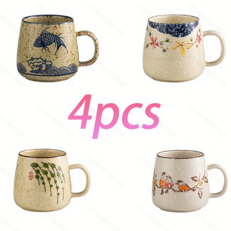 TEMU 4pcs/380ml Ceramic Cup& British Afternoon Tea Set Large-capacity Coffee Cup, Milk Cup And Water Cup Underglaze Coloring For Mother's Day,