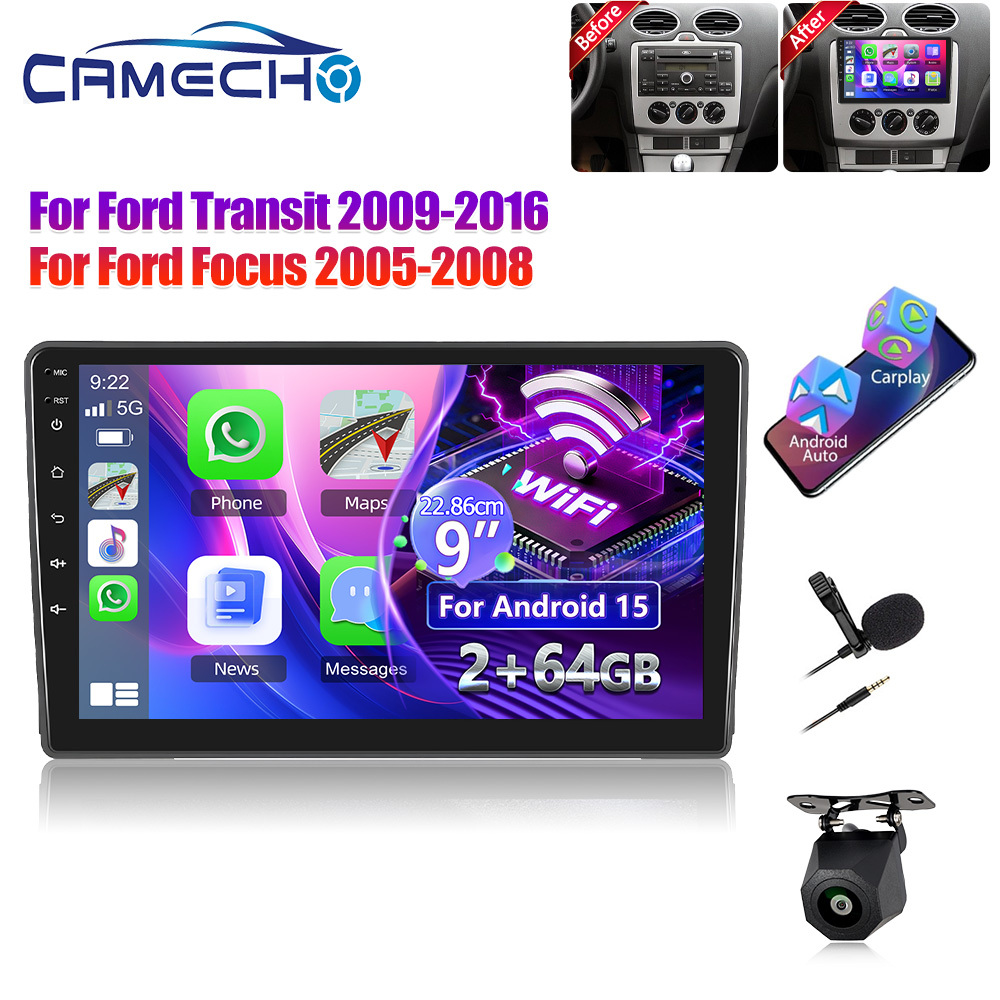 Image of Camecho 15.0 Dsp Car Stereo Radio For Ford Transit 2009-2016/ford Focus 2005-2008 With Auto , [2g+64g] 9 Inch Hd Ips Touch Screen Build-in Gps Bt Car Radio Wifi Ahd Backup Camera Mic