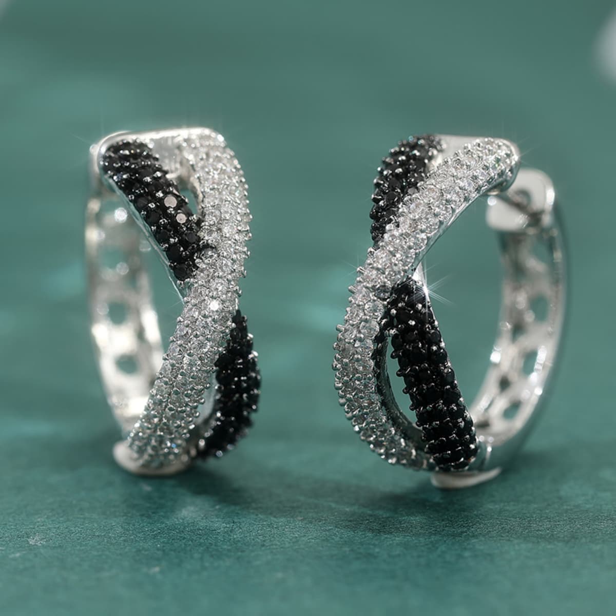 Women's Twisted Hoop Earrings with Black & White Zircon Pave