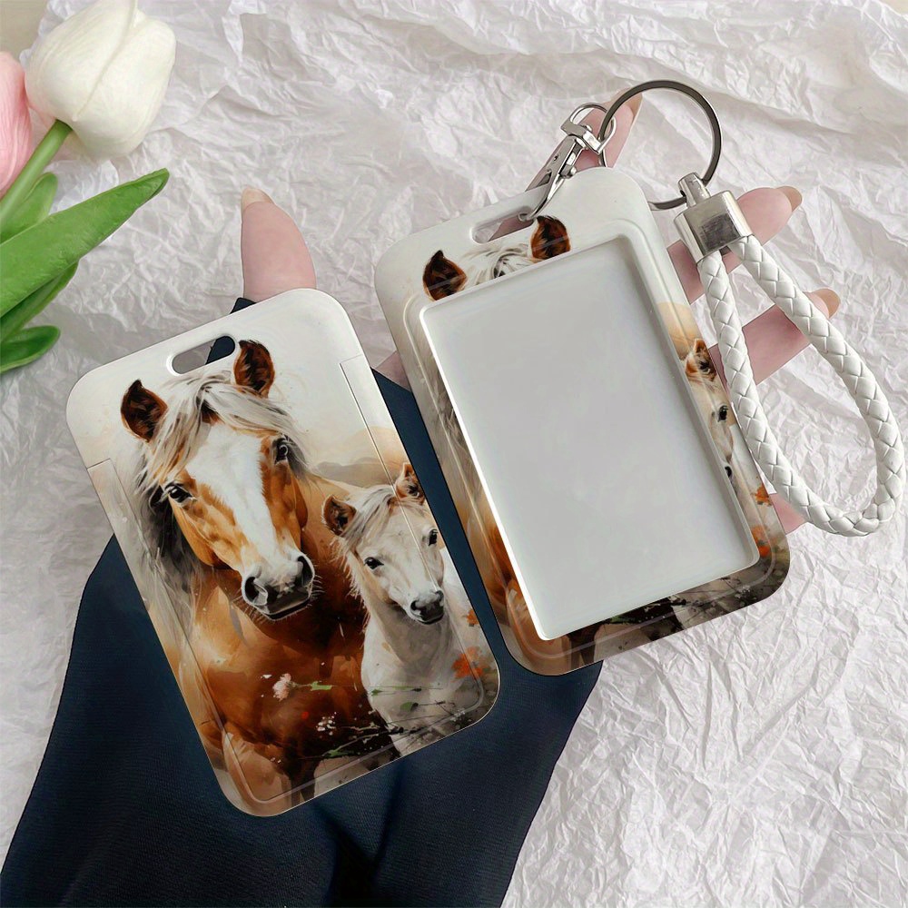 Durable Plastic ID Badge Holder   Lanyard &   - Transparent Window & Horse-Themed Brown/Beige ID Card Case with Key Ring   for Nurses,  , Students,   - Compatible with Credit/Debit/Metro/Bus Cards, Secure Lanyard Attachment, Scratch-Resistant ID Holder -     Pattern, Smooth Sliding Mechanism, Clear Card Display, Ideal for Work or School Access