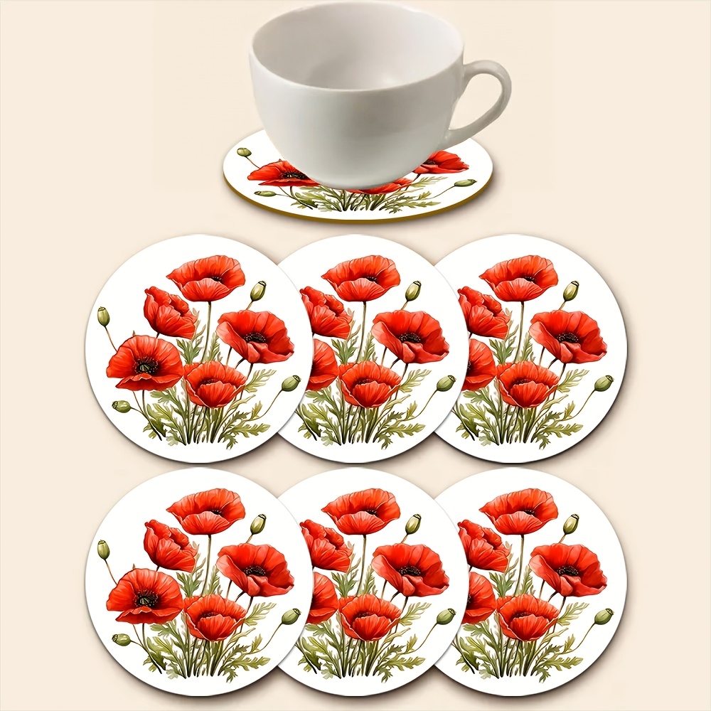 TEMU 6pcs Red Poppy Bouquet Pattern Coasters, , Suitable For Dining Table, Camping, Restaurant, Bar, Home Decor, Party Favors, Ideal Holiday Gift