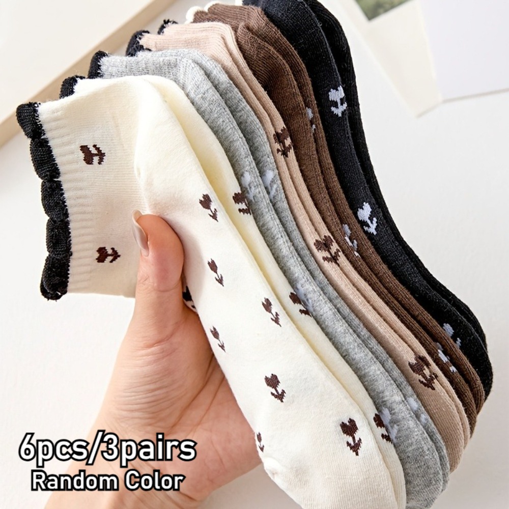 TEMU 6 pièces/3 paires de chaussettes de cheville pour femme de couleur aléatoire, motif floral, chaussettes décontractées confortables et