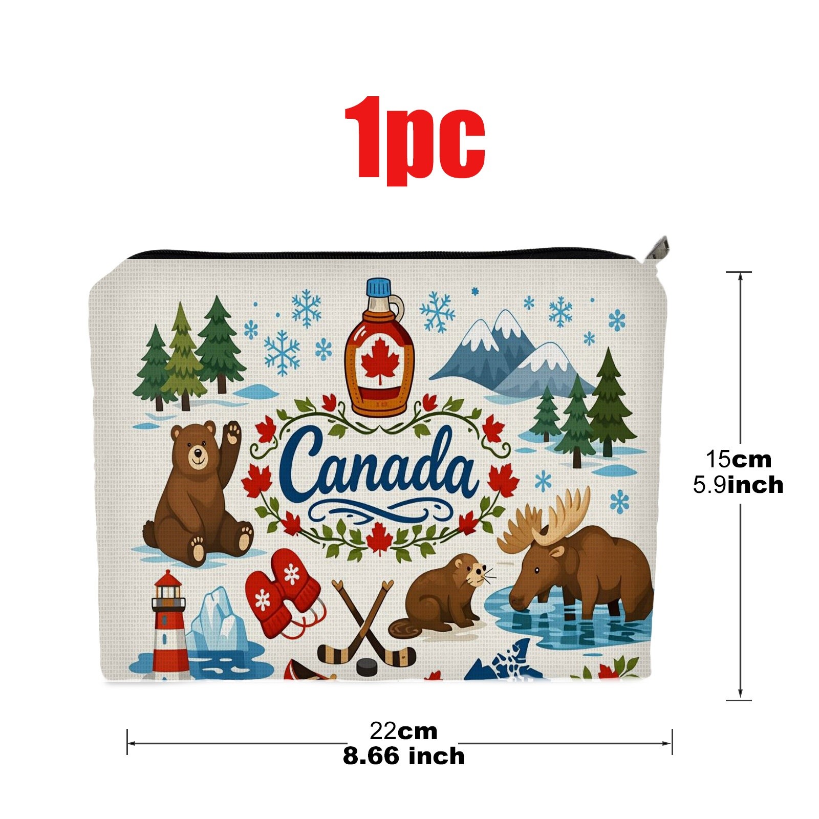 TEMU Trousse à maquillage double face, 1 pièce, taille 5.9in*8.66in, en polyester, motif dessin animé sur le thème du Canada, convient pour et le
