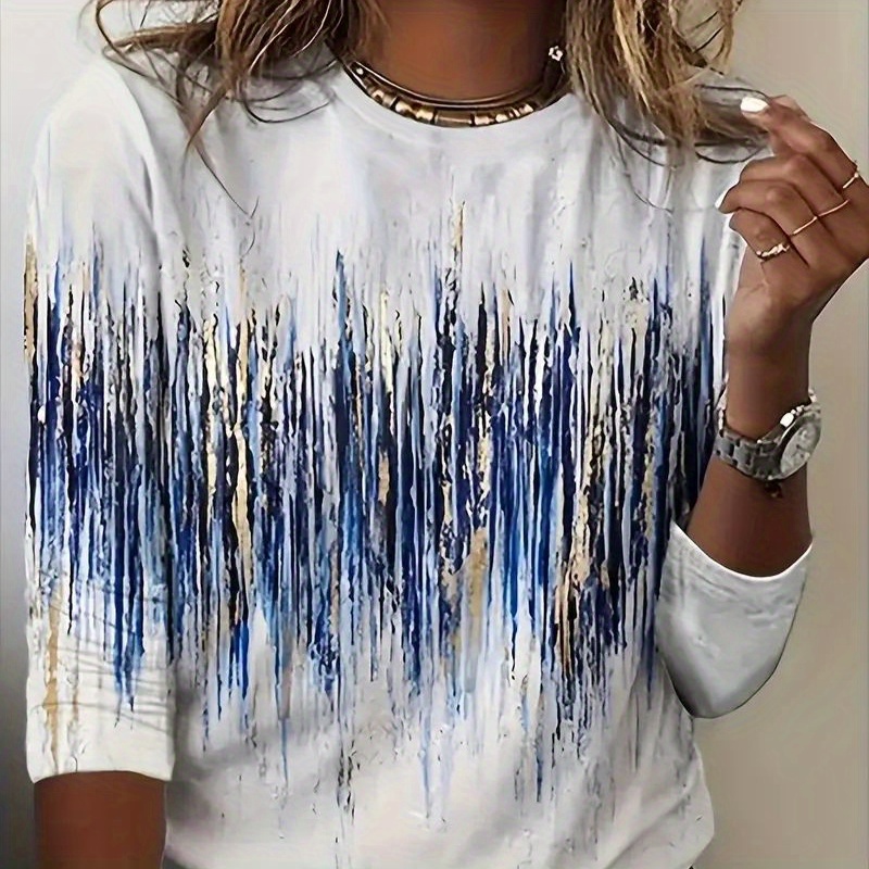 

Women's Blue And Gold Abstract Print Long Sleeve Casual T-shirt - Soft Medium Stretch Fabric, Round Neck, Relaxed Fit, Comfortable Wear - , Work, Or Activities