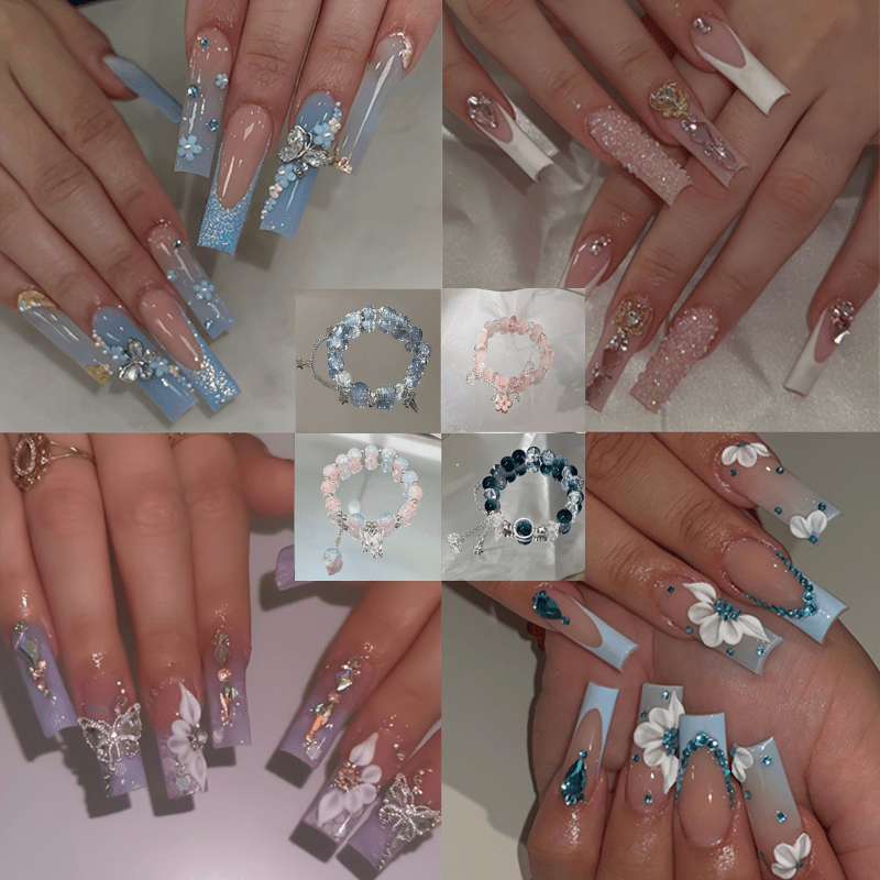 TEMU 93pcs Pcs Press On Nails And 4pcs Bacelet, Long Square Shape, Soft Pastel Tone With, Flower And Accents, French Tip And Glitter Design, High