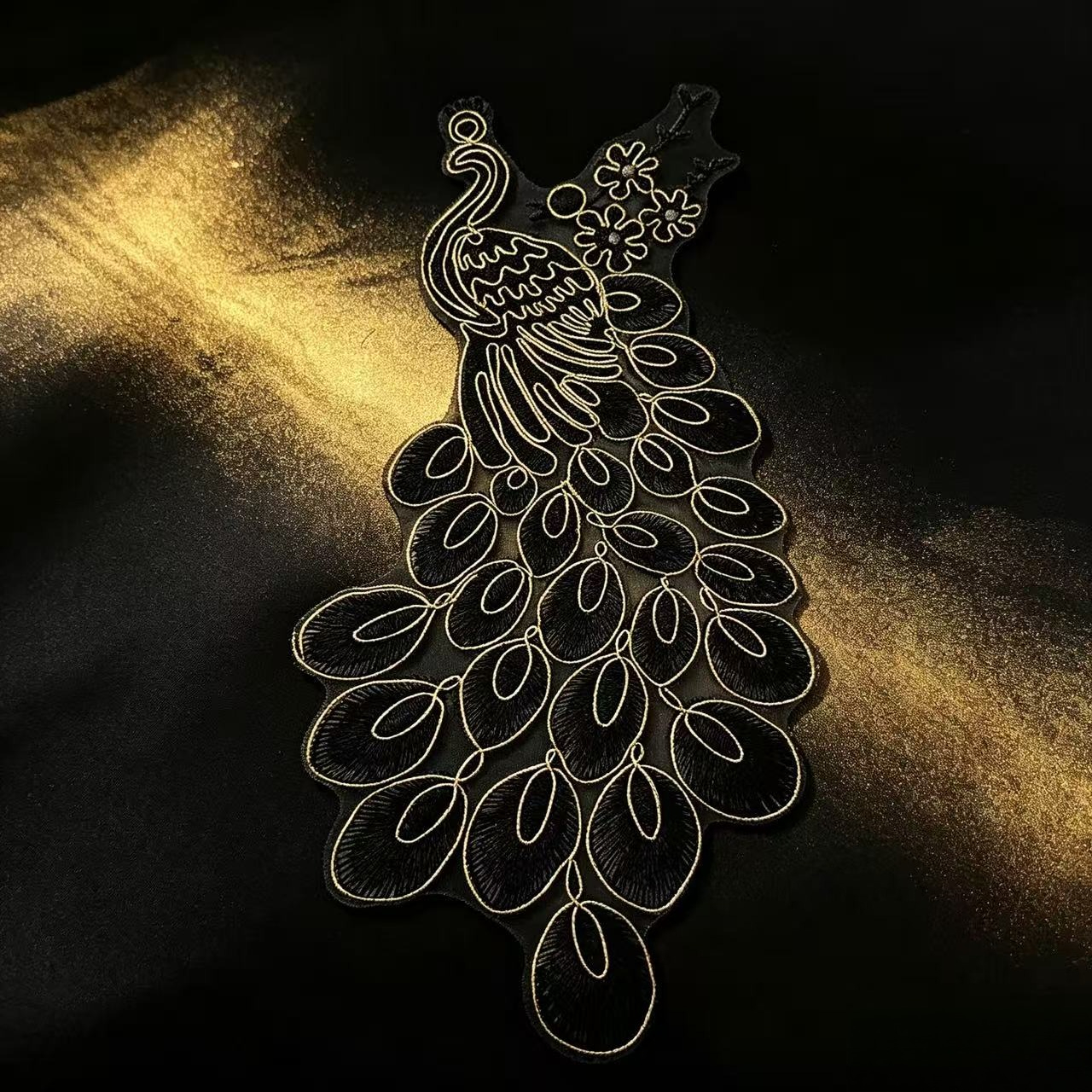 Black Golden Peacock Embroidery Lace Patch for Clothing