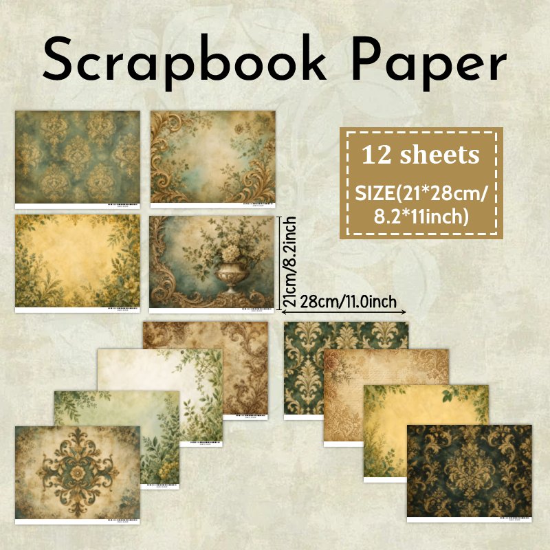 TEMU (upgraded Thick Paper, High-quality Printing) 12 Sheets A4 Scrapbook Paper, 2d Flat, 12 Sheets Premium Junk Journal Paper 2d Vintage Green