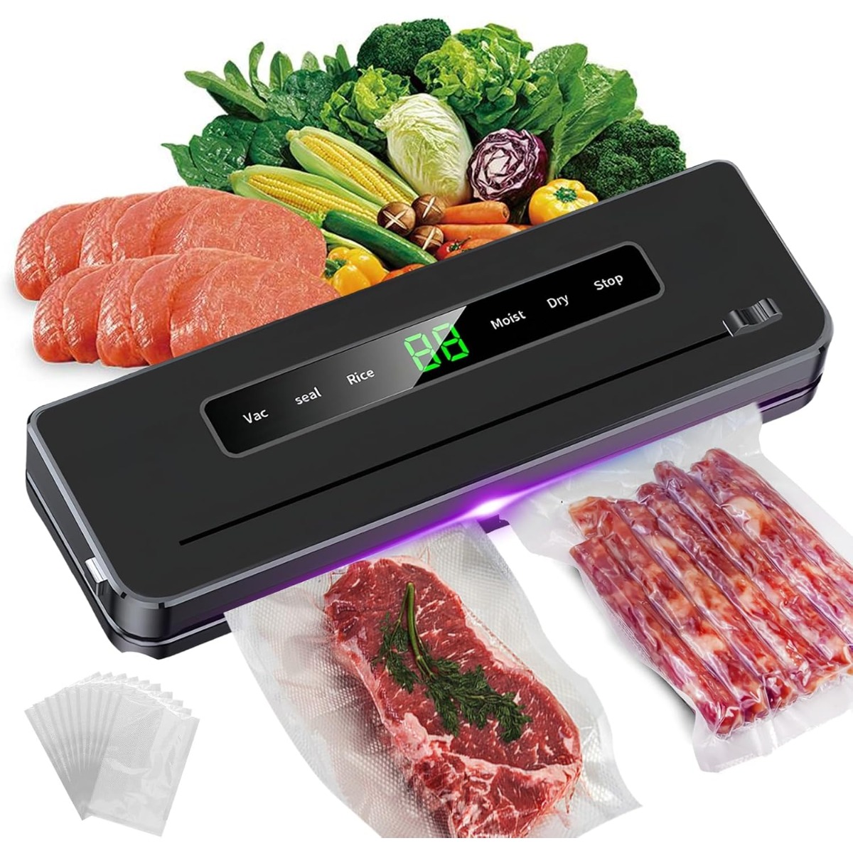 Vacuum Sealer, Vacuum Machine With 20 Bags, Vacuuming Dry/ Food, And Compact For Kitchen (vac/seal/rice/wet/dry)